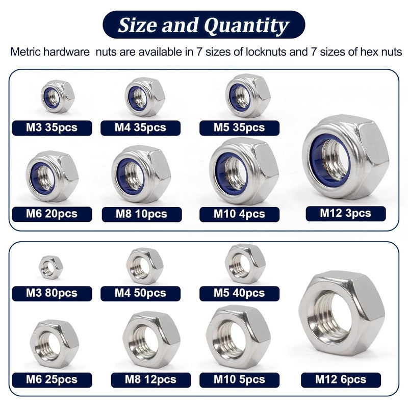 ZQZ 360 Pack Metric Hex Nuts & Locknuts Assortment Kit，M3 M4 M5 M6 M8 M10 M12 304 Stainless Steel Assorted Nylon Insert Lock Nuts Sets，Standard Thread Nylock Nuts - Image 2